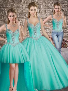 Tulle Sleeveless Quinceanera Gowns Brush Train and Beading