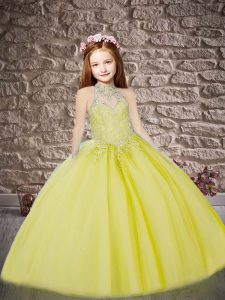 Trendy Yellow Ball Gowns Tulle Halter Top Sleeveless Appliques Lace Up Little Girls Pageant Dress Wholesale Brush Train