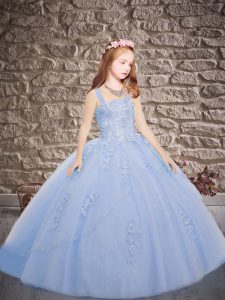 Glorious Appliques Little Girls Pageant Gowns Blue Lace Up Sleeveless Brush Train