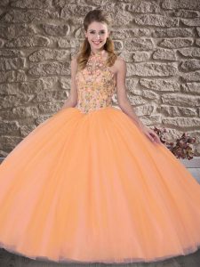 Orange Tulle Lace Up Halter Top Sleeveless Quinceanera Dress Brush Train Embroidery