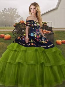 Olive Green Off The Shoulder Neckline Embroidery and Ruffled Layers Quinceanera Gowns Sleeveless Lace Up