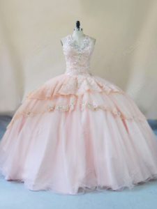 Luxury Peach Tulle Lace Up Halter Top Sleeveless Quinceanera Gown Beading and Lace and Appliques
