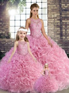 Rose Pink Lace Up Scoop Beading Quinceanera Dress Fabric With Rolling Flowers Sleeveless