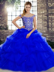 Attractive Sleeveless Beading and Pick Ups Lace Up Quinceanera Dress with Royal Blue Brush Train