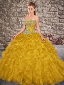 Lace Up Quinceanera Dress Gold for Military Ball and Sweet 16 and Quinceanera with Beading and Ruffles Brush Train
