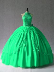 Customized Green Sleeveless Floor Length Appliques Lace Up Quince Ball Gowns