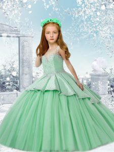 Brush Train Ball Gowns Kids Pageant Dress Apple Green Scoop Tulle Sleeveless Lace Up