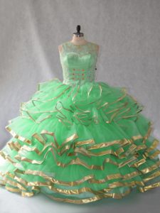 Amazing Green Ball Gowns Organza Scoop Sleeveless Beading and Ruffles Floor Length Lace Up Quinceanera Gown