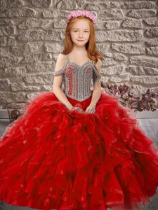 Classical Red Off The Shoulder Neckline Beading and Ruffles Pageant Dress for Girls Sleeveless Lace Up