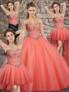 Attractive Watermelon Red Sweetheart Neckline Beading Quinceanera Gown Sleeveless Lace Up