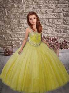 Straps Sleeveless Pageant Dress for Teens Floor Length Beading Yellow Green Tulle