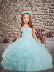 Superior Aqua Blue Straps Neckline Beading and Appliques and Ruffles Kids Formal Wear Sleeveless Lace Up