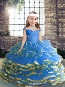 Blue Sleeveless Tulle Lace Up Pageant Gowns For Girls for Party and Wedding Party
