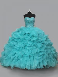 Fancy Ball Gowns Sleeveless Aqua Blue Quinceanera Dresses Lace Up