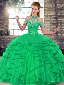 Luxurious Green Ball Gowns Beading and Ruffles Quince Ball Gowns Lace Up Tulle Sleeveless Floor Length