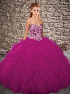 Romantic Sweetheart Sleeveless Tulle 15th Birthday Dress Beading and Ruffles Lace Up