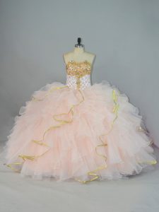 Custom Designed Sleeveless Beading and Ruffles Lace Up Quinceanera Dress