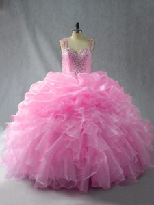 Baby Pink Sleeveless Beading and Ruffles and Pick Ups Floor Length Ball Gown Prom Dress