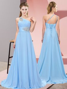 Blue Lace Up Prom Dresses Beading Sleeveless Brush Train