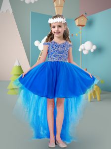 Inexpensive Off The Shoulder Sleeveless Zipper Girls Pageant Dresses Blue Tulle