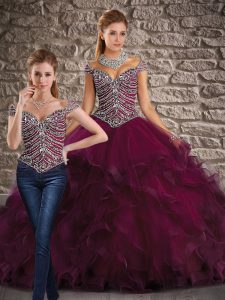 Dark Purple Cap Sleeves Beading and Ruffles Lace Up Sweet 16 Quinceanera Dress