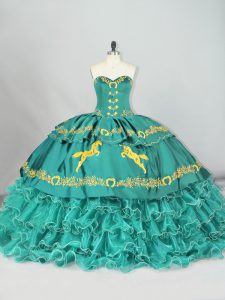 Sleeveless Embroidery and Ruffled Layers Lace Up Sweet 16 Dresses with Turquoise Brush Train