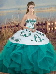 Sleeveless Tulle Floor Length Lace Up Ball Gown Prom Dress in Turquoise with Embroidery and Ruffles and Bowknot