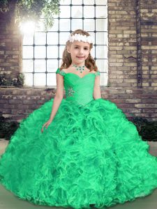 Fabric With Rolling Flowers Straps Sleeveless Side Zipper Beading and Ruffles Child Pageant Dress in Green