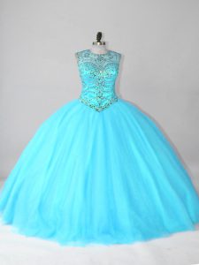 Super Aqua Blue Scoop Lace Up Beading Quinceanera Gown Sleeveless