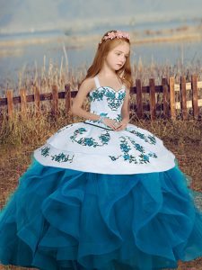 Low Price Blue Lace Up Little Girls Pageant Dress Wholesale Embroidery and Ruffles Sleeveless Floor Length