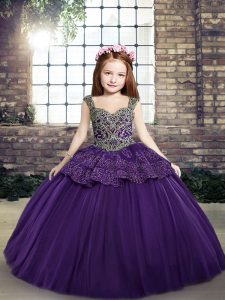 Straps Sleeveless Lace Up Child Pageant Dress Purple Tulle