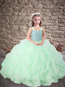 Popular Apple Green Little Girl Pageant Gowns Wedding Party with Beading and Ruffles Straps Sleeveless Lace Up