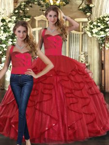 Red Quinceanera Gown Sweet 16 and Quinceanera with Ruffles Straps Sleeveless Lace Up