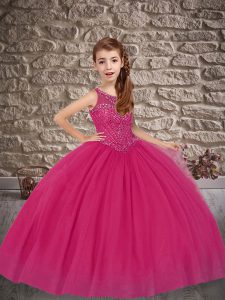 Fuchsia Sleeveless Beading Lace Up Custom Made Pageant Dress