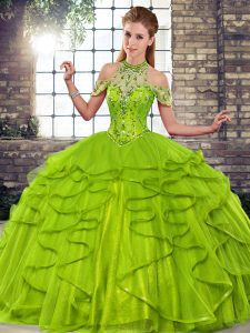 Low Price Olive Green Ball Gowns Beading and Ruffles Quinceanera Gown Lace Up Tulle Sleeveless Floor Length