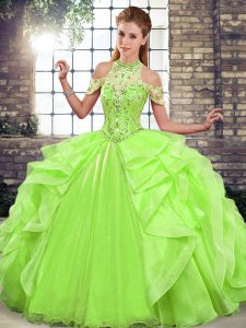 Comfortable Ball Gowns Halter Top Sleeveless Organza Floor Length Lace Up Beading and Ruffles Quince Ball Gowns