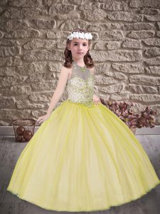 Yellow Ball Gowns Tulle Halter Top Sleeveless Beading Floor Length Lace Up Kids Formal Wear