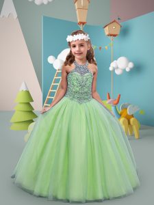 Best Halter Top Sleeveless Tulle Little Girl Pageant Dress Beading Sweep Train Lace Up