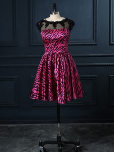 Hot Pink Backless Scoop Lace Homecoming Gowns Printed Cap Sleeves