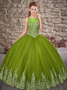 Scoop Sleeveless 15 Quinceanera Dress Floor Length Embroidery Olive Green Tulle