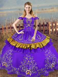 On Sale Floor Length Purple 15th Birthday Dress Off The Shoulder Sleeveless Lace Up
