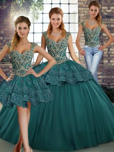 Tulle Straps Sleeveless Lace Up Beading and Appliques Quince Ball Gowns in Green