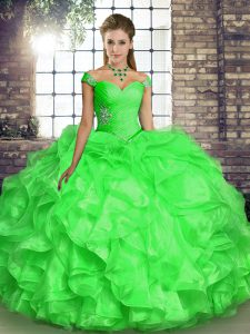 Ball Gowns Off The Shoulder Sleeveless Organza Floor Length Lace Up Beading and Ruffles 15 Quinceanera Dress
