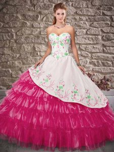 Fuchsia Lace Up Quinceanera Gown Embroidery and Ruffled Layers Sleeveless Floor Length
