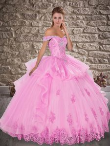 Ball Gowns Quinceanera Gowns Rose Pink Off The Shoulder Tulle Sleeveless Floor Length Lace Up
