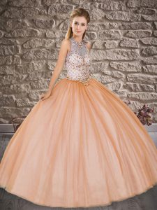 Fitting Ball Gowns 15th Birthday Dress Orange Scoop Tulle Sleeveless Floor Length Lace Up