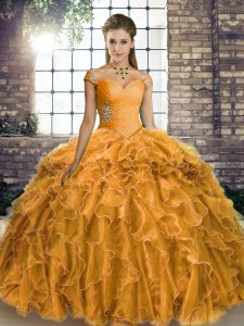 Graceful Gold Lace Up Off The Shoulder Beading and Ruffles 15 Quinceanera Dress Organza Sleeveless Brush Train