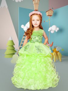 Inexpensive Beading and Ruffles Child Pageant Dress Yellow Green Lace Up Sleeveless Floor Length