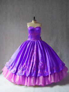 Popular Purple Column/Sheath Sweetheart Sleeveless Satin and Organza Floor Length Lace Up Embroidery Vestidos de Quincea