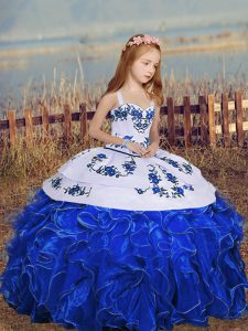 On Sale Straps Sleeveless Little Girl Pageant Dress Floor Length Embroidery and Ruffles Royal Blue Organza